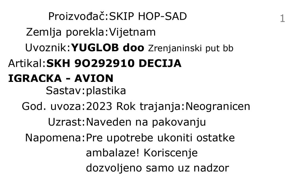 Skip Hop dečija igračka - avion 9O292910 deklaracija